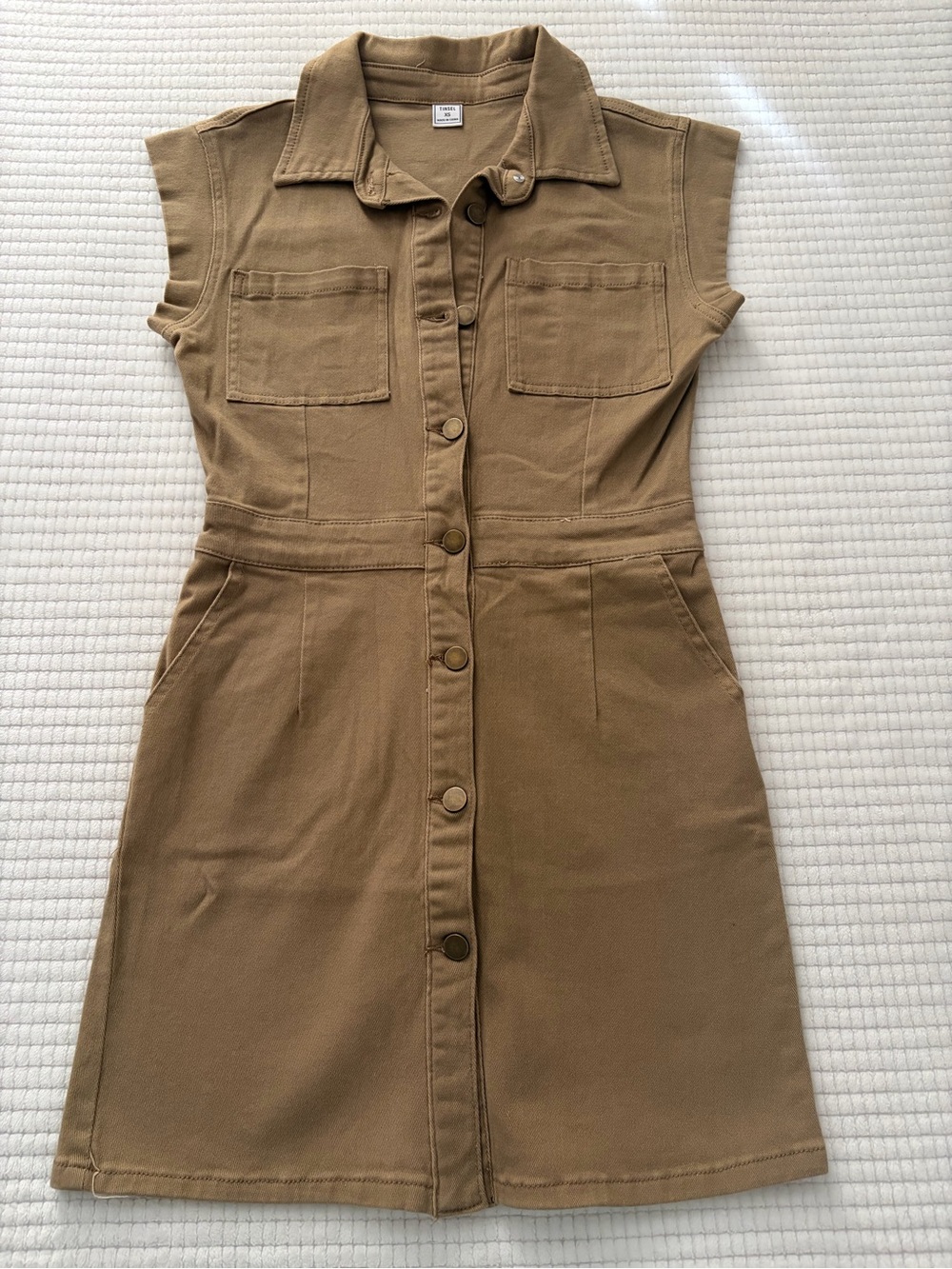 Tinsel Sleeveless Button-Front Utility Dress in Tan
